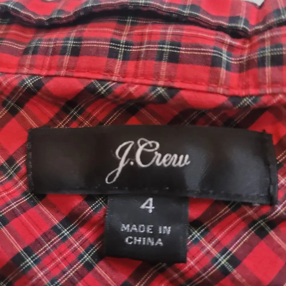J.Crew Size 4 Plaid Hi-Low Long Sleeve Button Shirt Red Black Holiday‎
